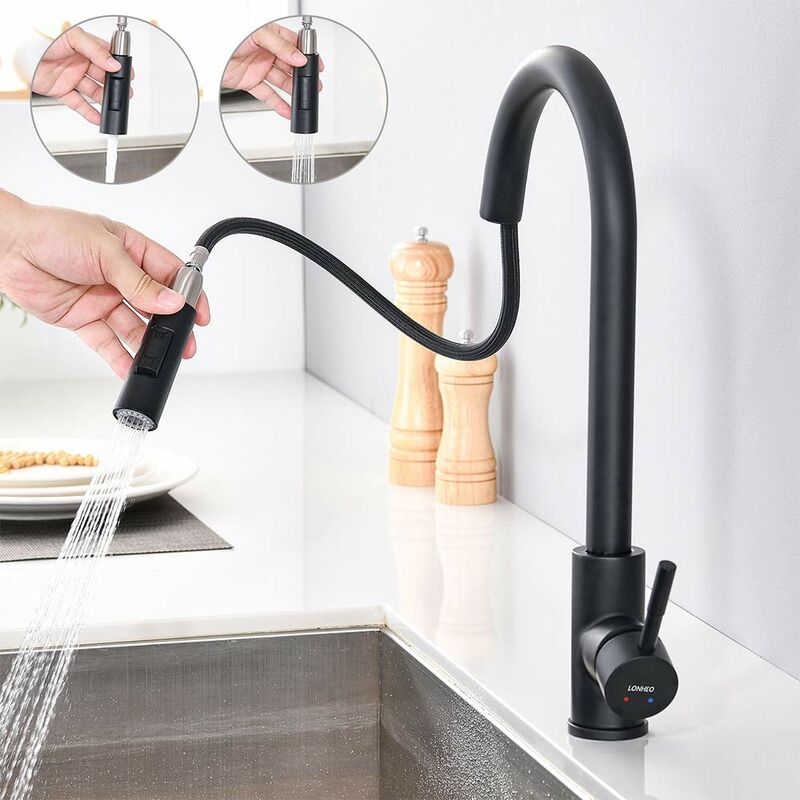foto del prodotto auralum lonheo estraibile rubinetti cucina con doccetta, girevole a 360 rubinetto per cucina, 2 funzioni miscelatore monocomando per cucina, nero