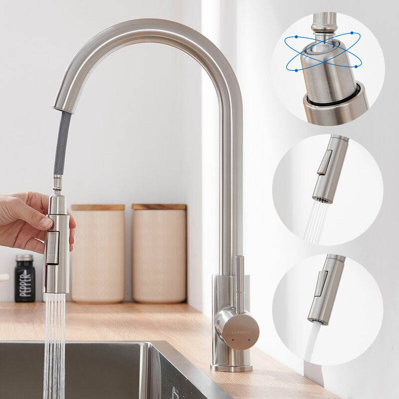 foto del prodotto auralum lonheo rubinetto cucina estraibile a 2 funzioni, girevole a 360 rubinetto da cucina miscelatore monocomando cucina, acqua fredda e calda,