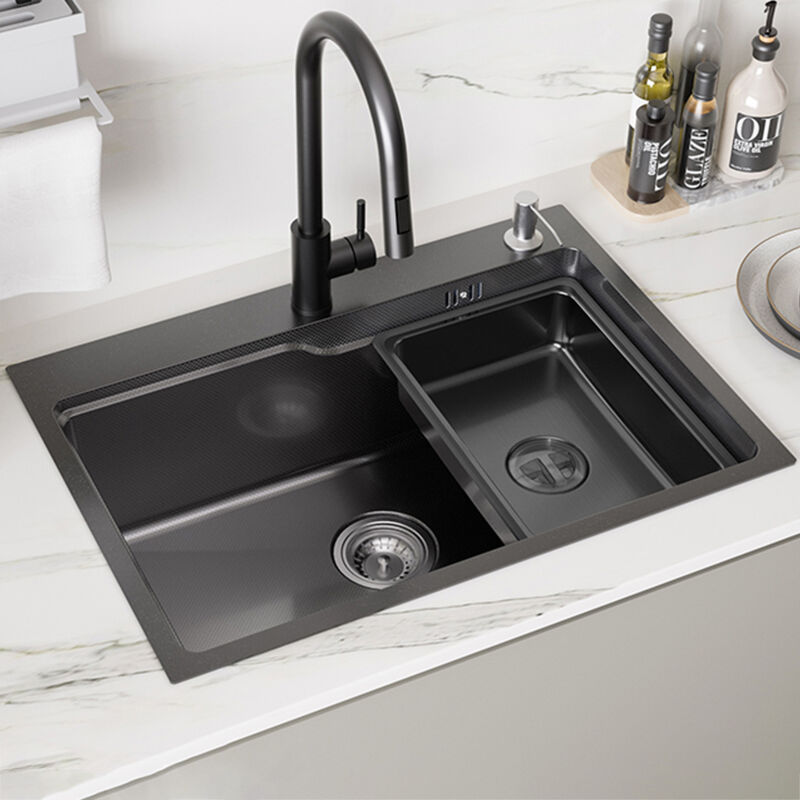 foto del prodotto auralum max 68 48cm lavello da cucina a 1 vasca lavabo distributore di sapone, lavello a 1 vasca in acciaio inox grande capacit nero 