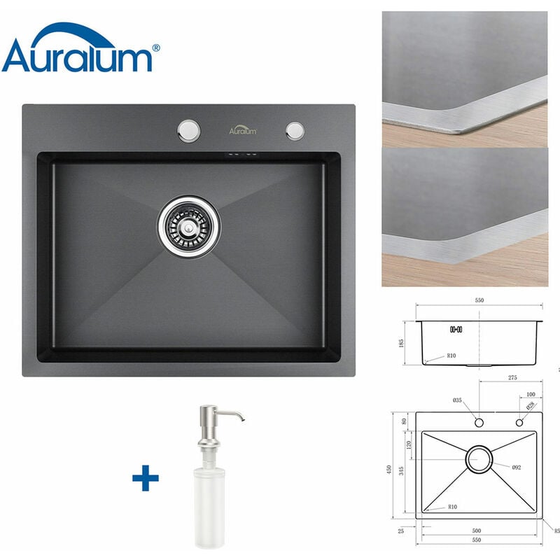 foto del prodotto auralum max auralum 55 x 45 cm lavello da cucina 1 vasca acciaio inox con 300ml dispenser sapone lavandino cucina da incasso con troppopieno senza
