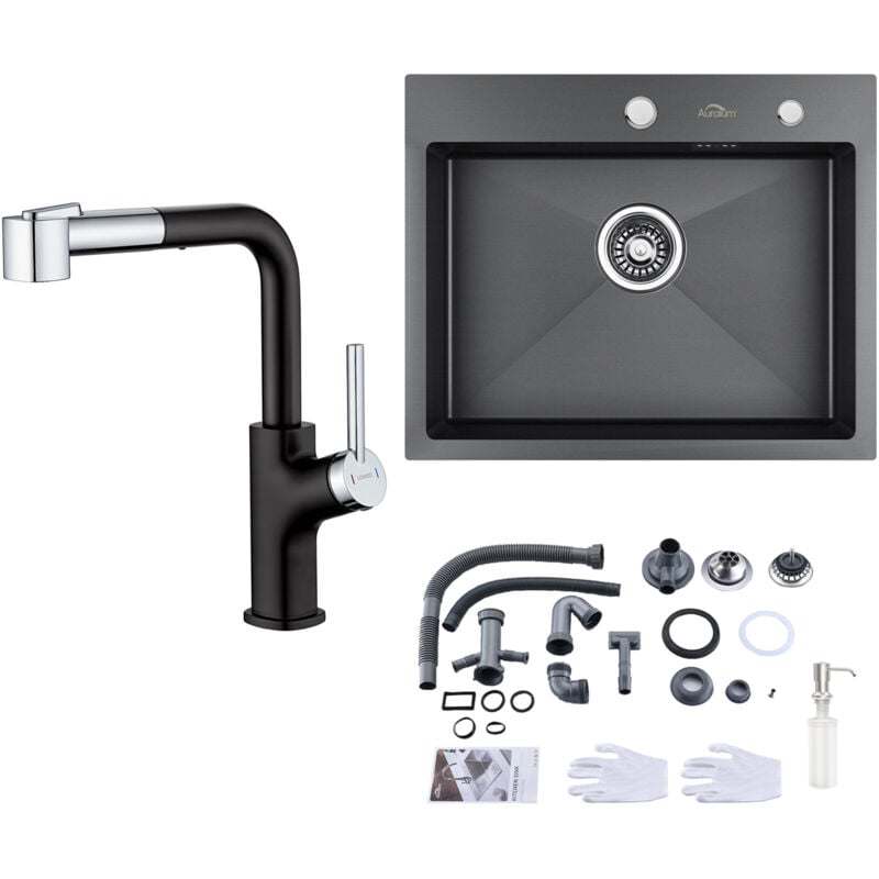 foto del prodotto auralum max auralum lavello da cucina 55 x 45 cm lavello incasso in acciaio inox grigio scuro rubinetto da cucina con doccetta estraibile 2