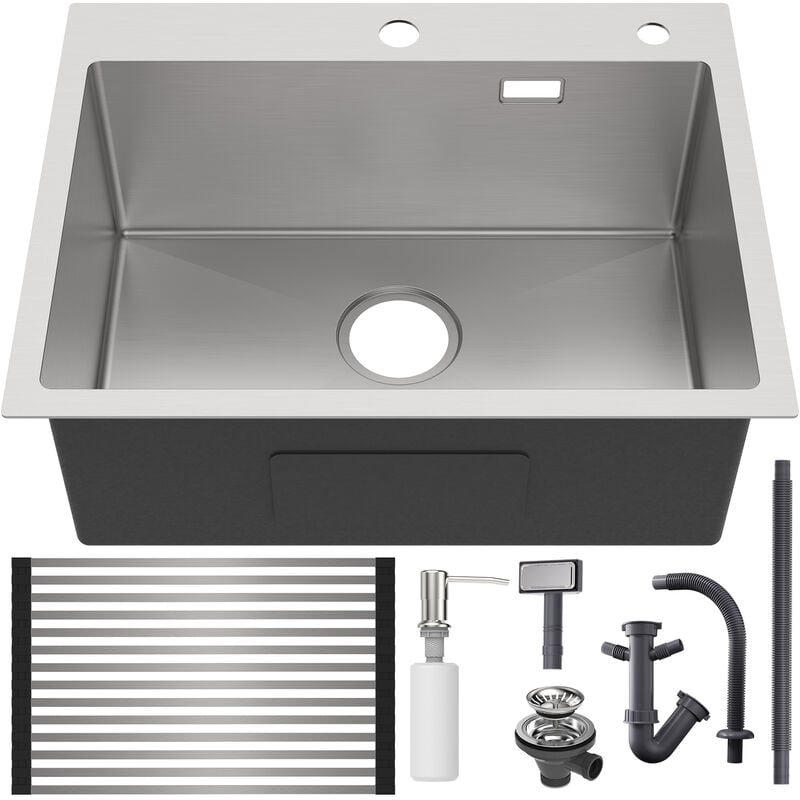 foto del prodotto auralum max auralum lavello da cucina 58x45x18cm lavello incasso in acciaio inox spazzolato con 300ml dispenser di sapone e cestello scolapasta
