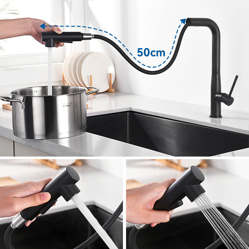 foto del prodotto auralum max auralum nero rubinetto da cucina estraibile in acciaio inox 7 form , con lunghezza di estrazione 50 cm, girevole a 360 miscelatore