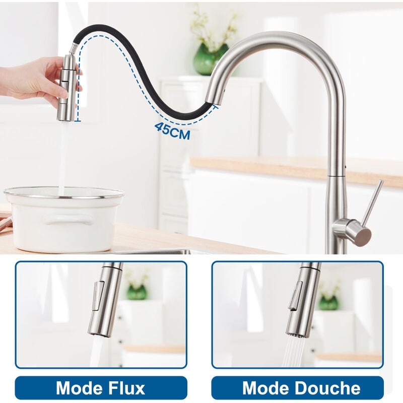 foto del prodotto auralum max auralum rubinetto cucina con doccetta estraibile 45cm in acciaio inossidabile, 2 funzioni miscelatore monocomando per lavello, girevole