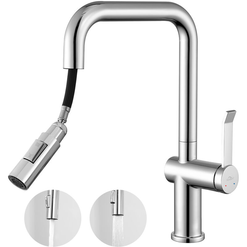 foto del prodotto auralum max auralum rubinetto cucina con doccetta estraibile cromo, girevole a 360 miscelatore monocomando lavello in acciaio inox, acqua calda e