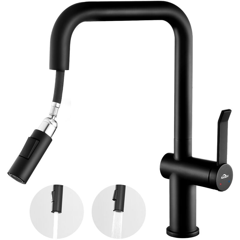 foto del prodotto auralum max auralum rubinetto cucina con doccetta estraibile nero, girevole a 360 miscelatore monocomando lavello in acciaio inox, acqua calda e
