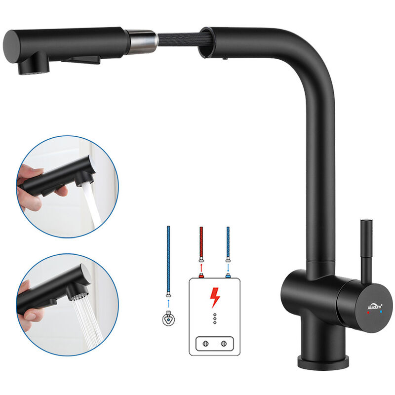 foto del prodotto auralum max auralum rubinetto cucina estraibile a bassa pressione con adattatori rimovibili, rubinetto da cucina in acciaio inox nero, girevole a