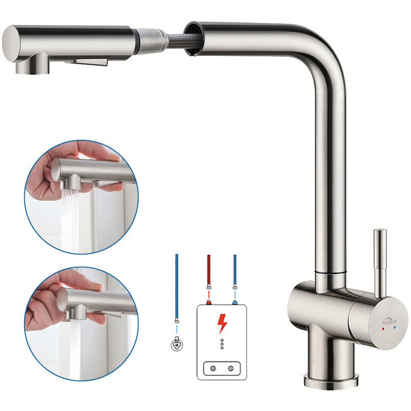 foto del prodotto auralum max auralum rubinetto cucina estraibile a bassa pressione con adattatori rimovibili, rubinetto da cucina in acciaio inox spazzolato,