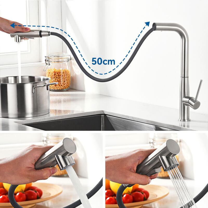 foto del prodotto auralum max auralum rubinetto da cucina estraibile in acciaio inox 7 form , con lunghezza di estrazione 50 cm, girevole a 360 miscelatore