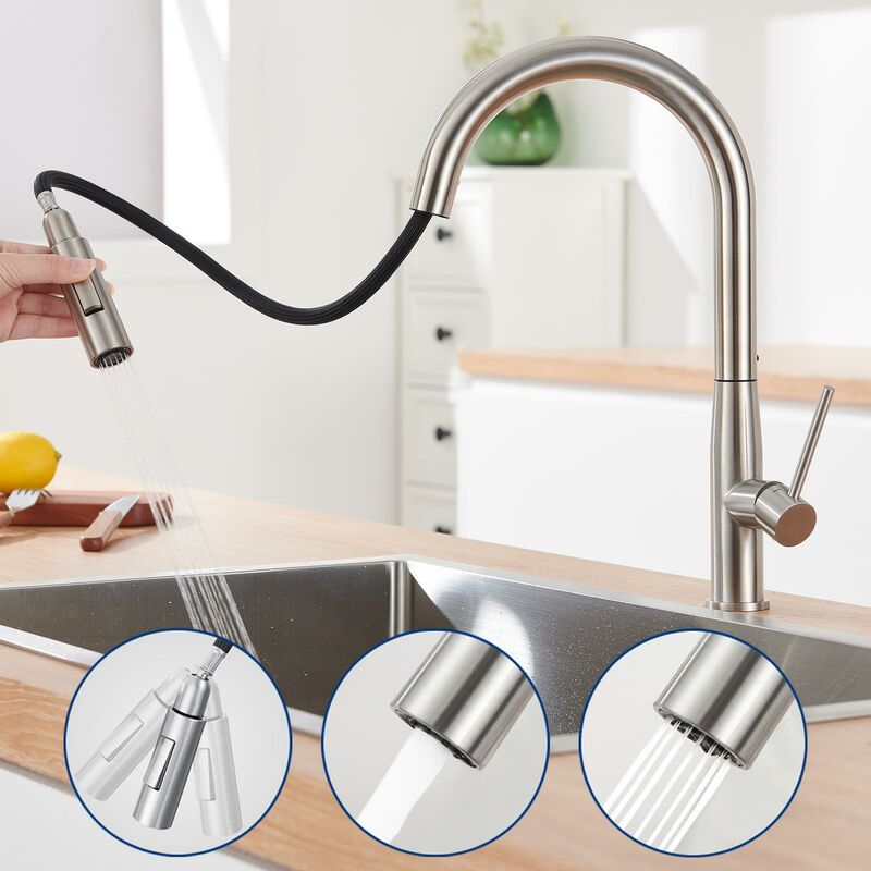 foto del prodotto auralum max auralum rubinetto da cucina estraibile in acciaio inox, con lunghezza di estrazione 45cm, girevole a 360 miscelatore monocomando