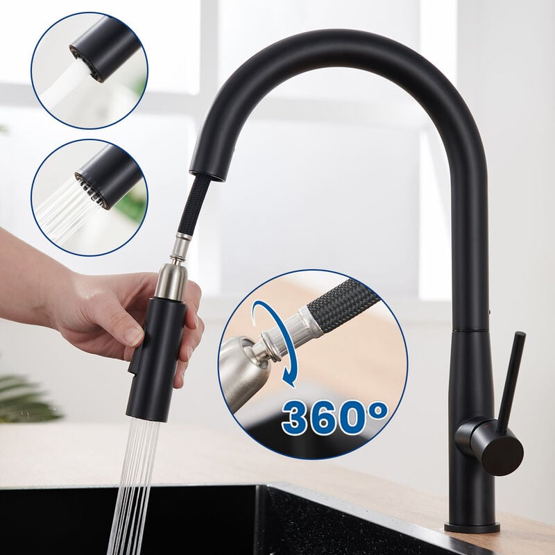 foto del prodotto auralum max auralum rubinetto da cucina estraibile in acciaio inox nero, con lunghezza di estrazione 45cm, girevole a 360 miscelatore monocomando