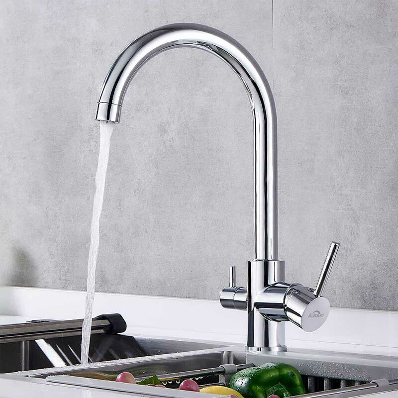 foto del prodotto auralum max auralum rubinetto lavello cucina, 3 vie per depuratore, miscelatore girevole a 360 , a doppia leva per sistemi osmosi, acqua calda e