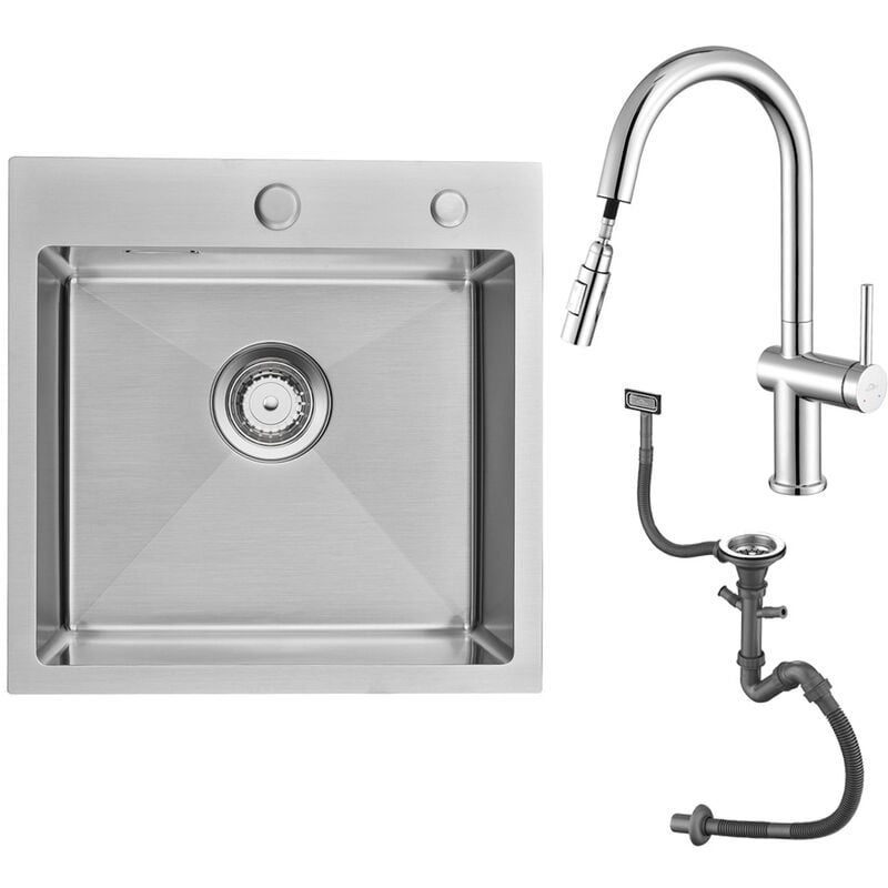 foto del prodotto auralum max lavello da cucina 1 vasca 45 x 45 cm in acciaio inox con rubinetto cucina con doccetta estraibile fino 40cm, girevole a 360 miscelatore