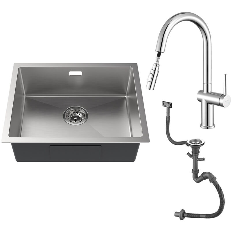 foto del prodotto auralum max lavello da cucina 1 vasca 55 x 44 cm acciaio inox spazzolato con rubinetto cucina con doccetta estraibile fino 40cm, girevole a 360