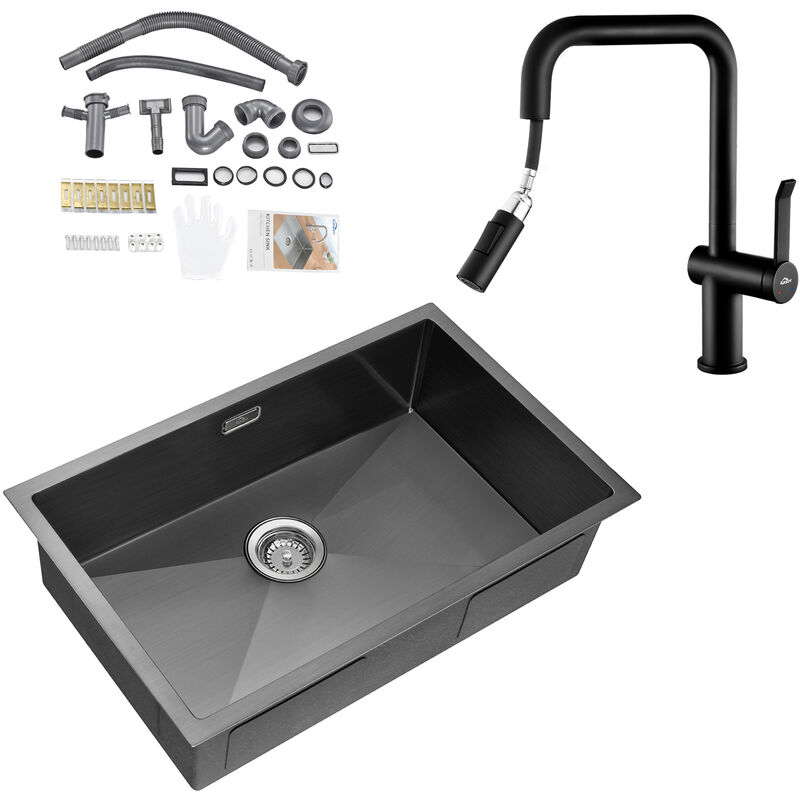 foto del prodotto auralum max lavello da cucina 1 vasca 70 x 44 cm in acciaio inox rubinetto cucina con doccetta estraibile girevole a 360 miscelatore monocomando