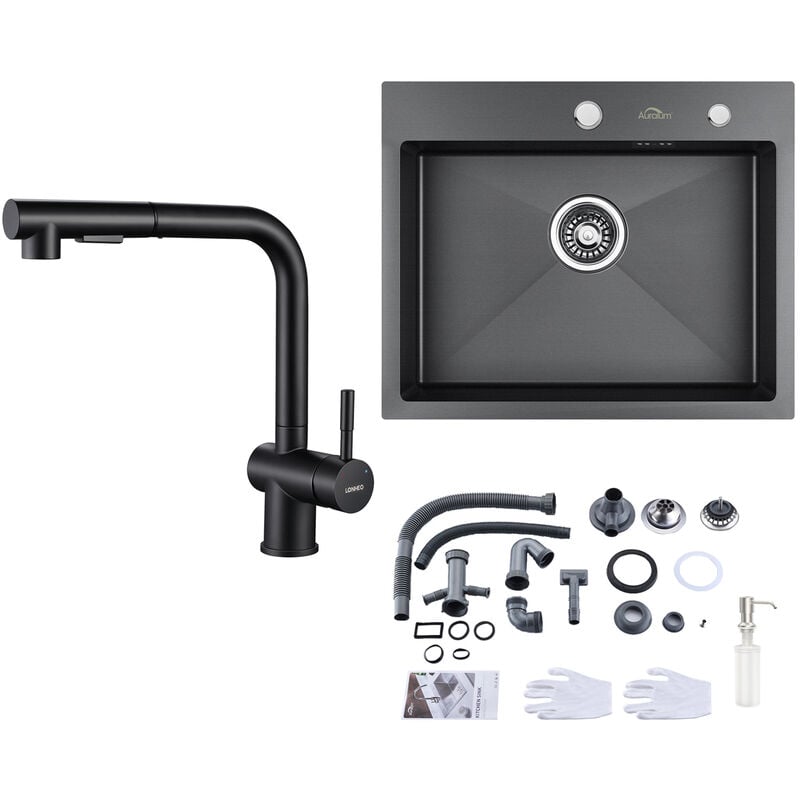 foto del prodotto auralum max lavello da cucina 55 x 45 cm lavello incasso in acciaio inox grigio scuro rubinetto da cucina con doccetta estraibile 2 modalit ,