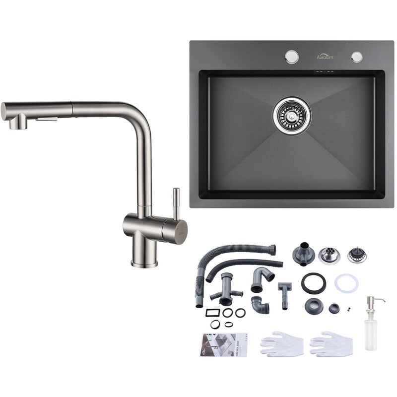 foto del prodotto auralum max lavello da cucina 55 x 45 cm lavello incasso in acciaio inox rubinetto da cucina lavello con doccetta estraibile 2 modalit , girevole