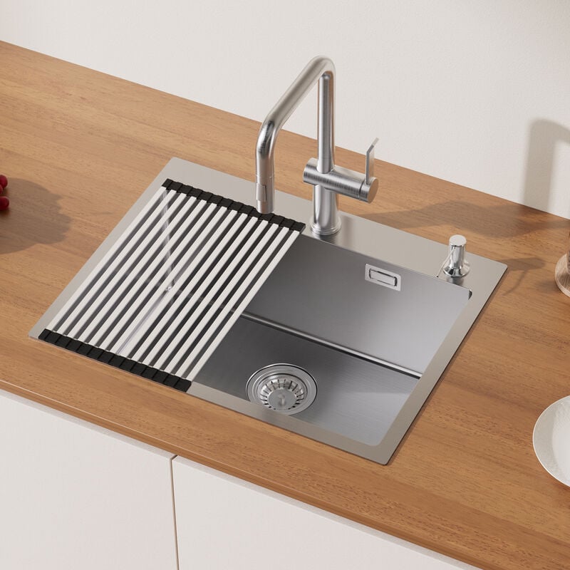 foto del prodotto auralum max lavello da cucina in acciaio inossidabile 58 x 45 cm, auralum lavandino cucina 1 vasca con dispenser sapone 300ml, cestello scolapasta