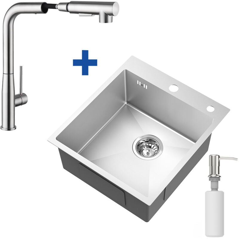 foto del prodotto auralum max lavello da cucina in acciaio inox 44 x 49 cm rubinetto estraibile ad alta pressione, lavello per mobile da cucina da 50 cm o pi 