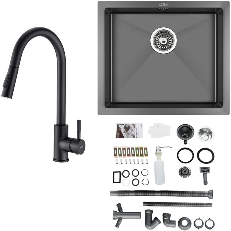 foto del prodotto auralum max lavello da cucina in acciaio inox 50x43cm grigio scuro estraibile rubinetto da cucina dispenser di sapone e sifone, lavello incasso