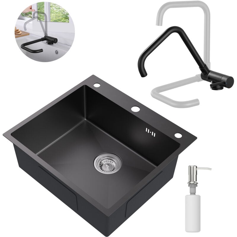 foto del prodotto auralum max lavello da cucina in acciaio inox set di rubinetti da cucina ribaltabili, 54 49 cm lavello da incasso con dispenser di sapone,
