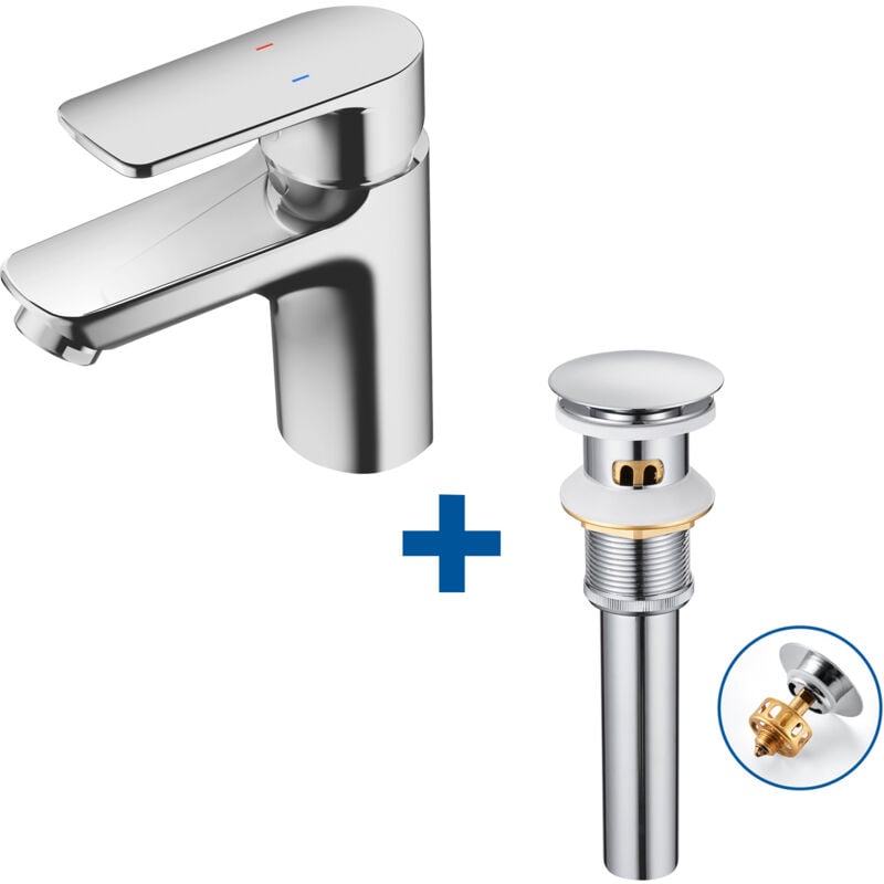 foto del prodotto auralum max miscelatore bagno, miscelatore lavabo set di scarico con troppopieno e cestello filtrante, miscelatore monocomando bagno con