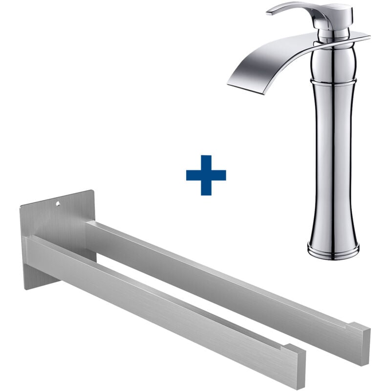 foto del prodotto auralum max miscelatore per lavabo con rubinetto da bagno con bocca a cascata alta portasciugamani in acciaio inox, gancio a muro per bagno