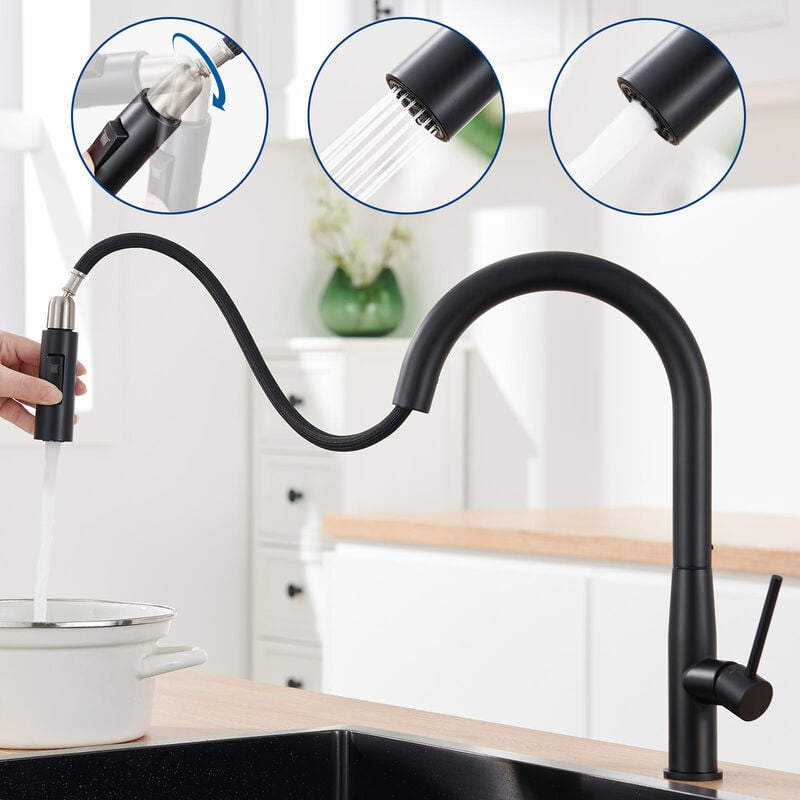 foto del prodotto auralum max nero rubinetto cucina con doccetta estraibile 45cm in acciaio inossidabile, 2 funzioni miscelatore monocomando per lavello, girevole a