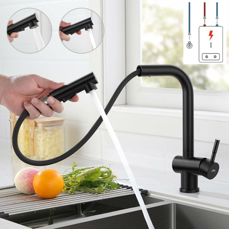 foto del prodotto auralum max nero rubinetto cucina estraibile a bassa pressione, rubinetto da cucina con doccetta estraibile fino a 40cm con adattatori rimovibili,
