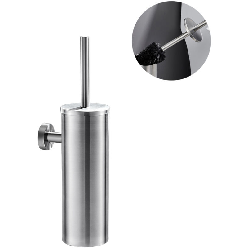 foto del prodotto auralum max portascopino wc bagno in acciaio inox a parete spazzolato scopino per wc e supporto con coperchio manico spazzola di pulizia a 360 