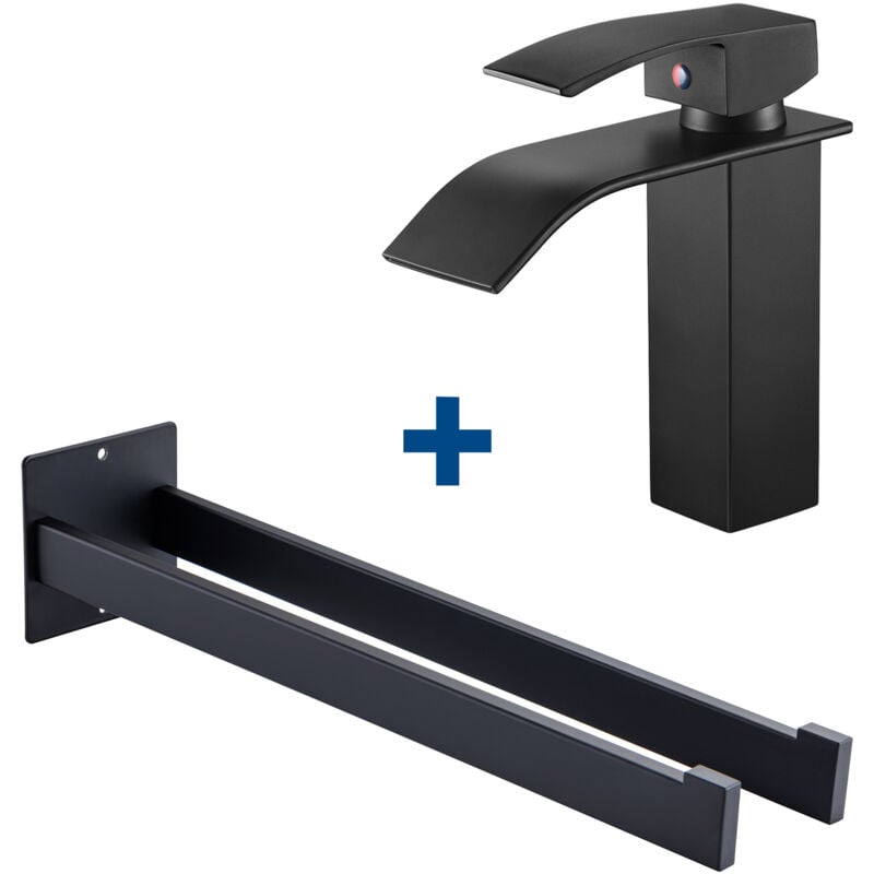 foto del prodotto auralum max rubinetto a cascata per lavabo portasciugamani in acciaio inox, gancio a muro per bagno, nero