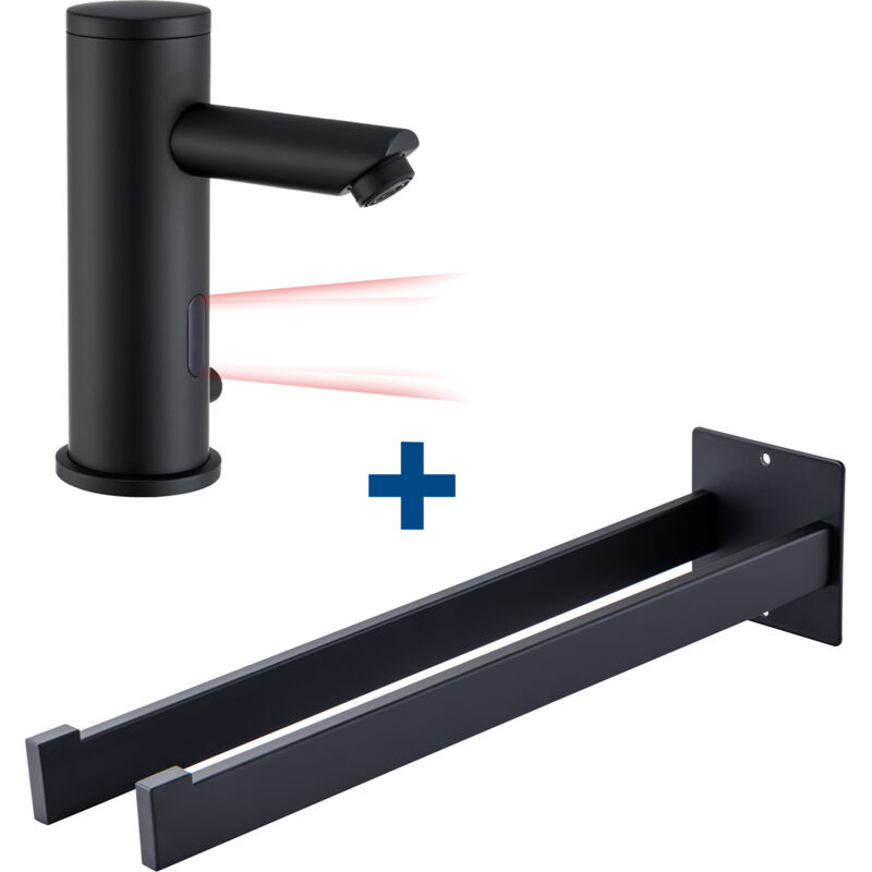 foto del prodotto auralum max rubinetto a sensore infrarosso miscelatore automatico per lavabo portasciugamani in acciaio inox, gancio a muro per bagno, nero