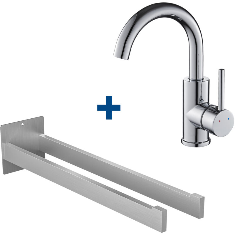 foto del prodotto auralum max rubinetto bagno 360 miscelatore girevole per lavabo miscelatore monocomando cromo portasciugamani in acciaio inox, gancio a muro per