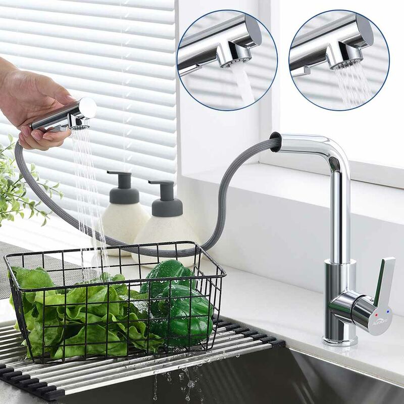 foto del prodotto auralum max rubinetto cucina con doccetta estraibile 60cm, miscelatore cucina estraibile 60cm con 2 modalit di getto, rubinetto cucina girevole