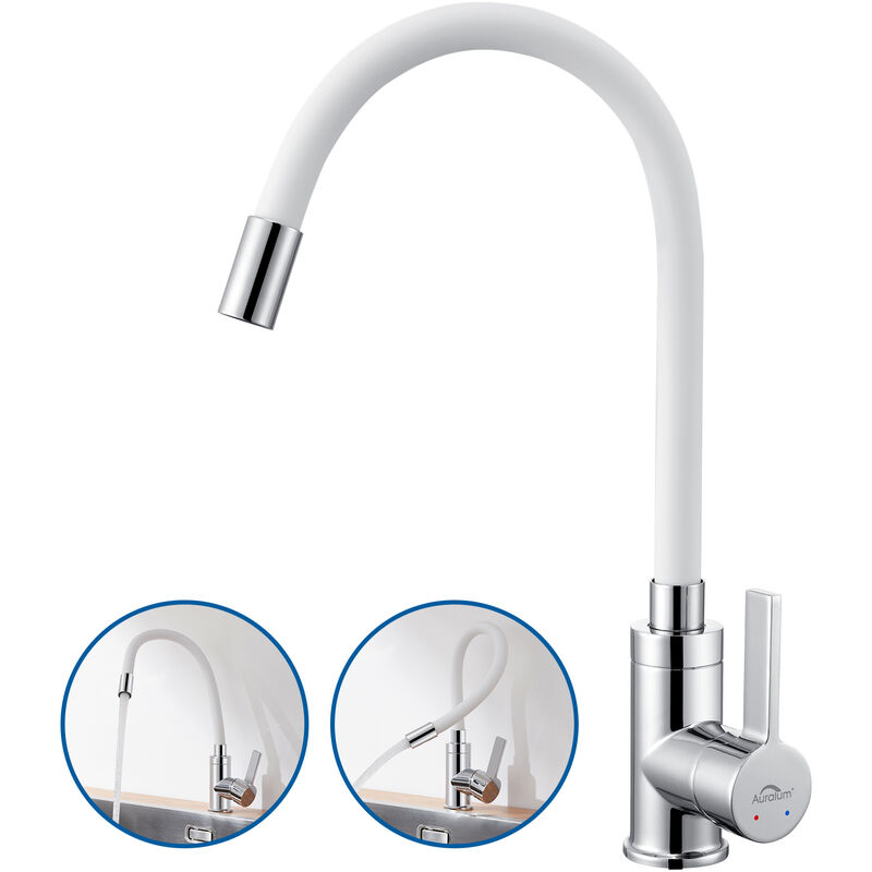 foto del prodotto auralum max rubinetto lavello cucina flessibile, auralum rubinetto cucina bianco con beccuccio flessibile, miscelatore cucina girevole a 360 ,