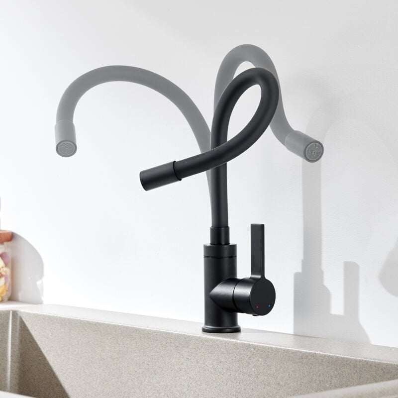 foto del prodotto auralum max rubinetto lavello cucina flessibile nero, miscelatore monocomando girevole 360 rubinetti cucina con aeratore removibile, rubinetto da