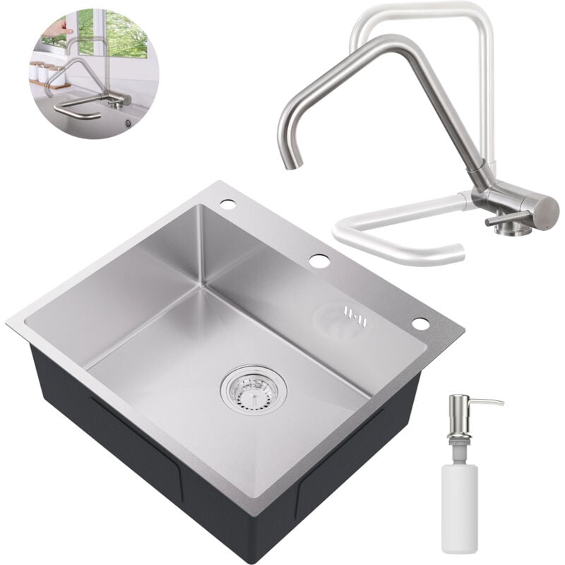 foto del prodotto auralum max set lavello rubinetto da cucina ribaltabile in acciaio inox, 54 49 cm lavello da incasso con dispenser di sapone, miscelatore