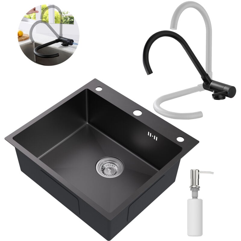 foto del prodotto auralum max set lavello rubinetto da cucina ribaltabile in acciaio inox, 54 49 cm lavello da incasso con dispenser di sapone, miscelatore