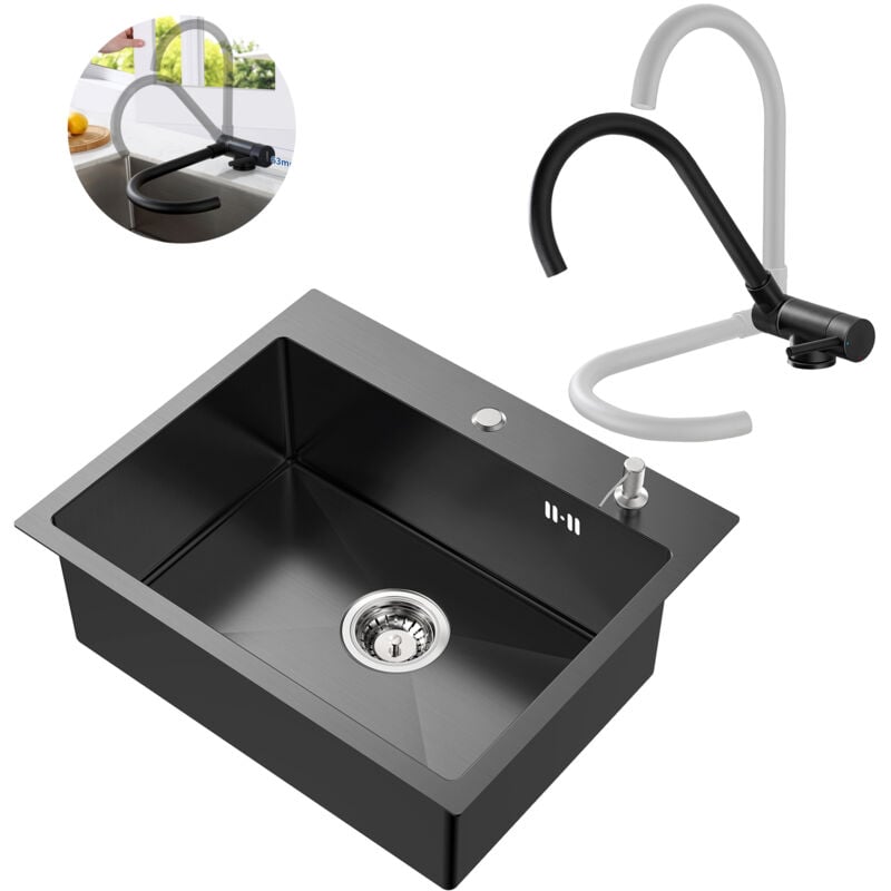 foto del prodotto auralum max set lavello rubinetto da cucina ribaltabile in acciaio inox, 55 45 cm lavello da incasso con dispenser di sapone, miscelatore