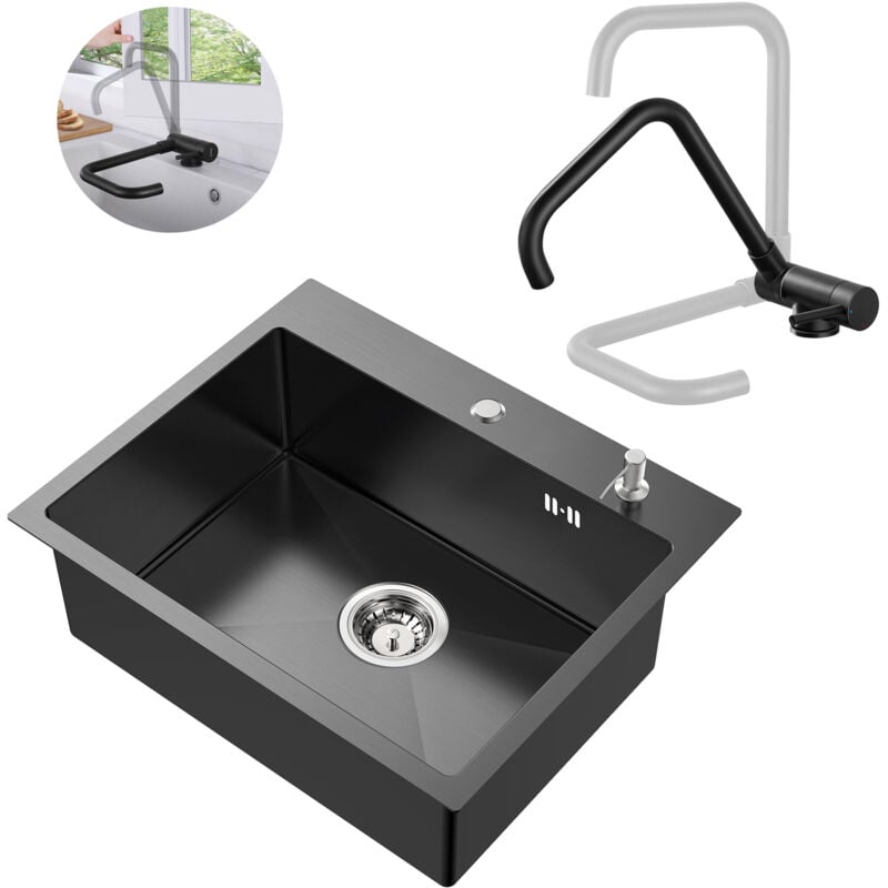 immagine 0 del prodotto auralum max set lavello rubinetto da cucina ribaltabile in acciaio inox, 55 45 cm lavello da incasso con dispenser di sapone, miscelatore per