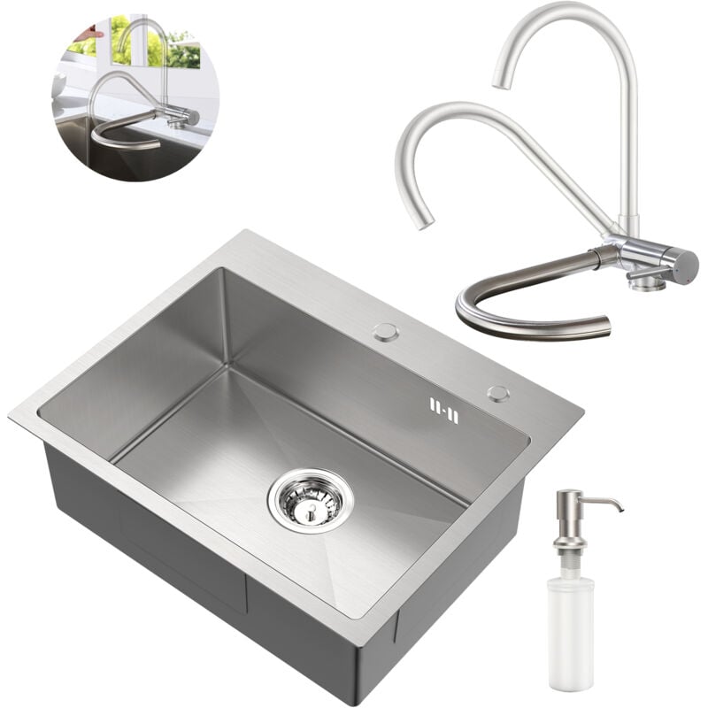 foto del prodotto auralum max set lavello rubinetto da cucina ribaltabile in acciaio inox, 55 45 cm lavello da incasso con dispenser di sapone, rubinetto