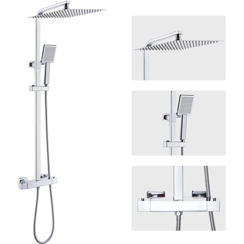 foto del prodotto auralum max sistema doccia cromato set completo con termostato, set doccia soffione con soffione da 12 pollici, doccetta e asta doccia regolabile