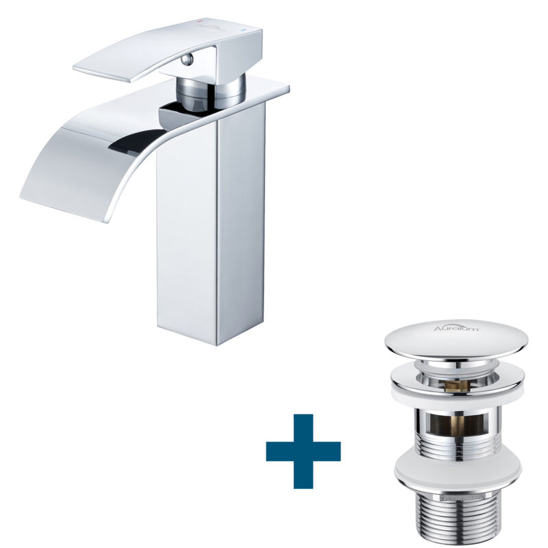 foto del prodotto auralum miscelatore per lavabo a cascata scarico pop up con troppopieno, rubinetto per bagno con pop up, cromo