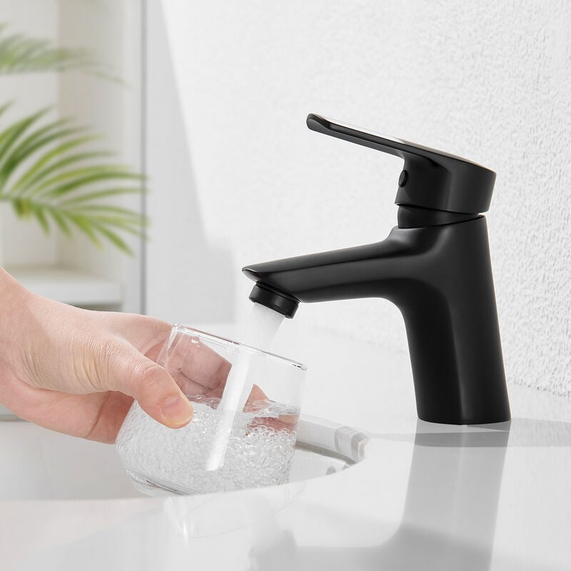 foto del prodotto auralum miscelatore per lavabo in ottone nero opaco, rubinetto del bagno per fredda e calda regolabile, monocomando rubinetto lavabo bagno con