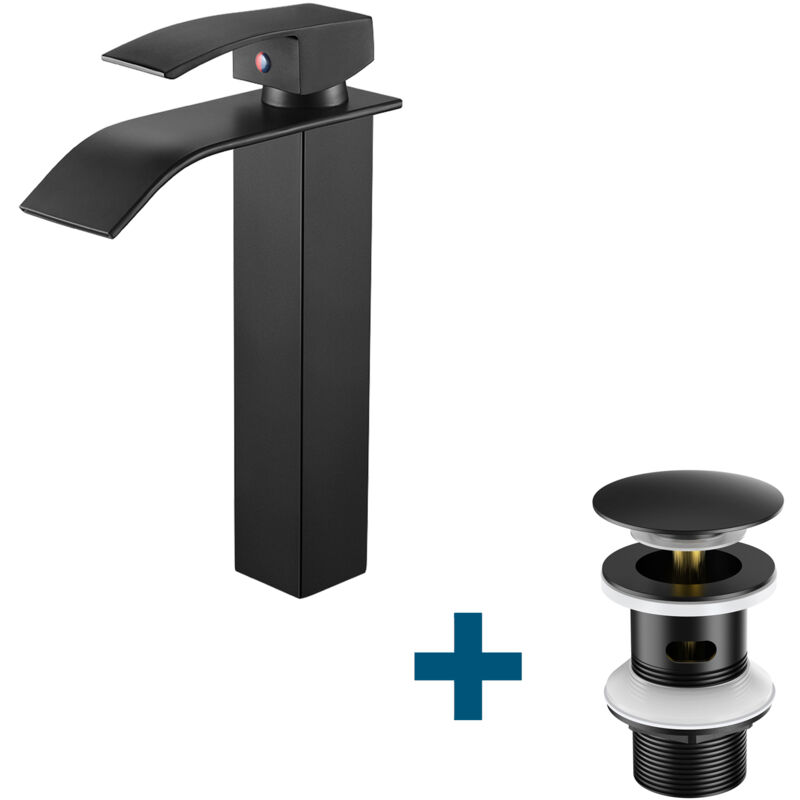 foto del prodotto auralum miscelatore per lavabo rubinetto a cascata alto scarico pop up con troppopieno, rubinetto da bagno con pop up, nero