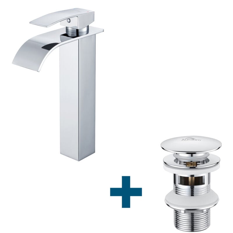 foto del prodotto auralum miscelatore per lavabo rubinetto alto a cascata scarico pop up con troppopieno, rubinetto da bagno con pop up, cromo