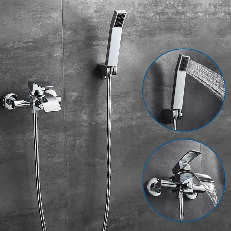 foto del prodotto auralum miscelatore vasca da bagno a cascata con doccetta e supporto, rubinetto per vasca da bagno a parete, con tubo flessibile in acciaio inox