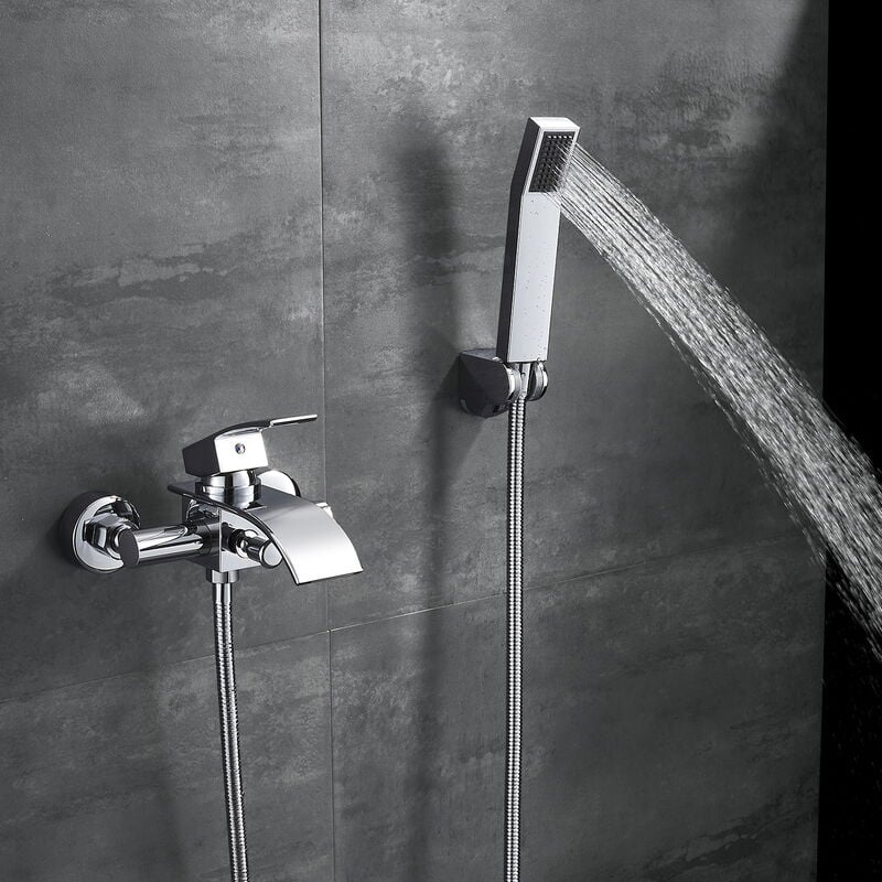 foto del prodotto auralum miscelatore vasca da bagno con doccetta e supporto, rubinetto per vasca da bagno a muro cascata, ottone cromo