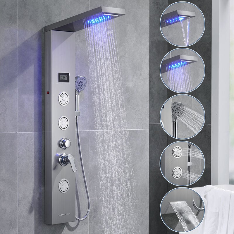 foto del prodotto auralum multifunzione colonna doccia idromassaggio pannello doccia a pioggia led soffione doccia set acciaio inox spazzolato con indicatore della