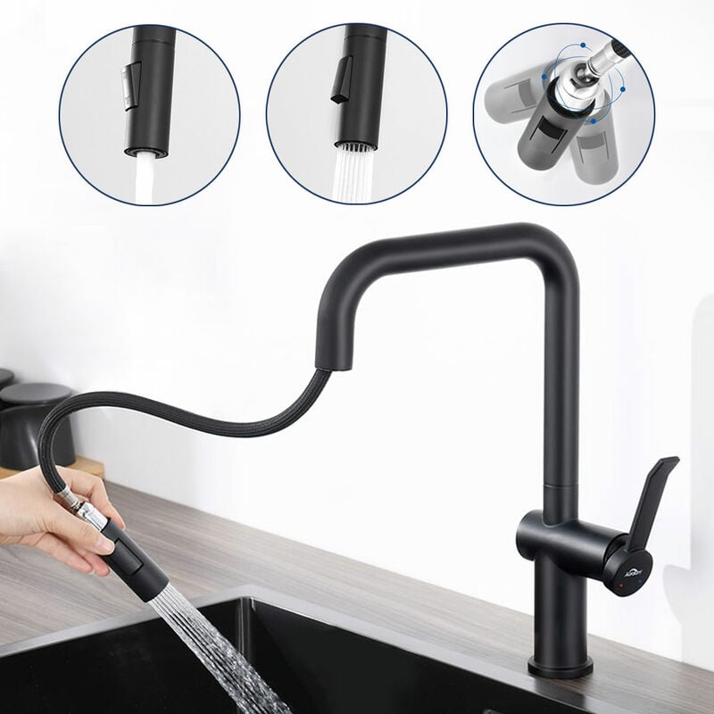 foto del prodotto auralum nero rubinetto cucina rubinetti lavello con doccetta estraibile fino 40cm, rubinetto miscelatore monocomando per lavello con gorgogliatore
